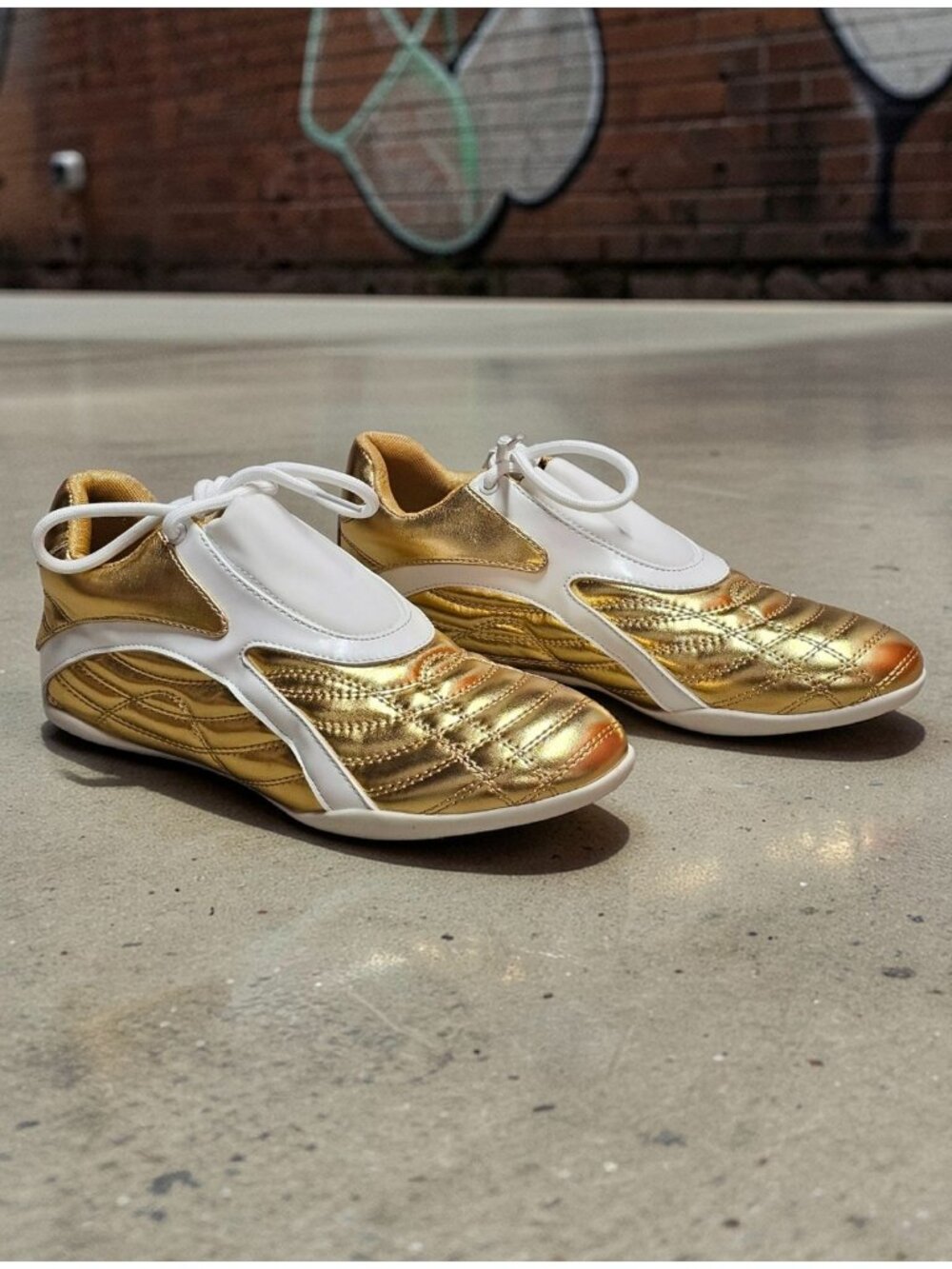 Gold & White Athletic Sneakers With Quilted Design & Lace-Up Closure - Picture 5 of 14